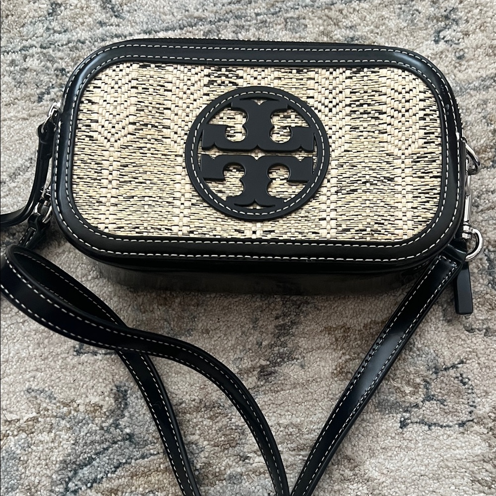 Tory Burch Woven raffia Black and Tan Crossbody Bag